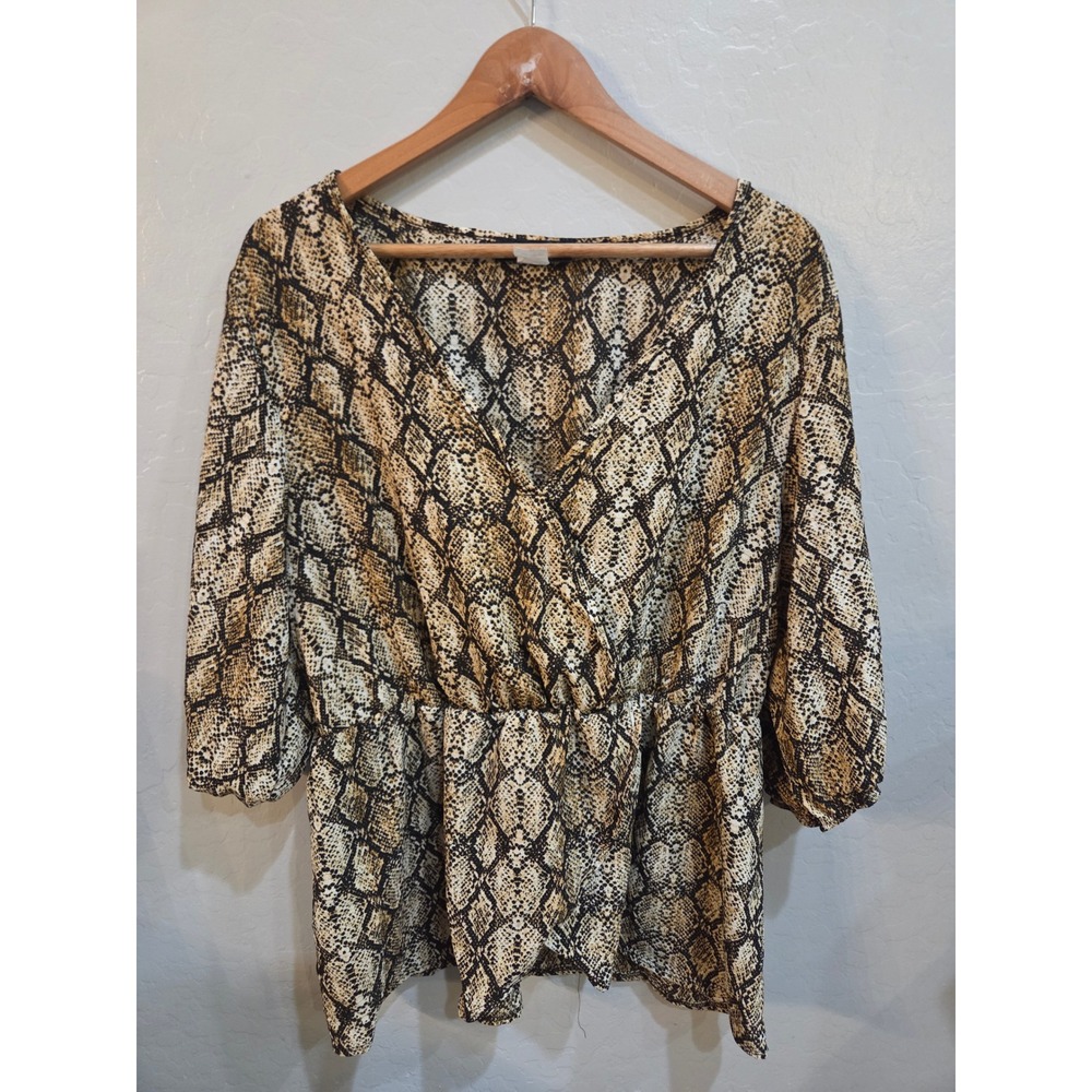 Promises Promises Snakeskin Print Surplice Peplum Top Brown Tan 2X Woman Blouse